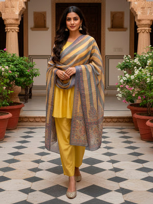 Short Flare kurta with farshi salwar and Dupatta in Yellow