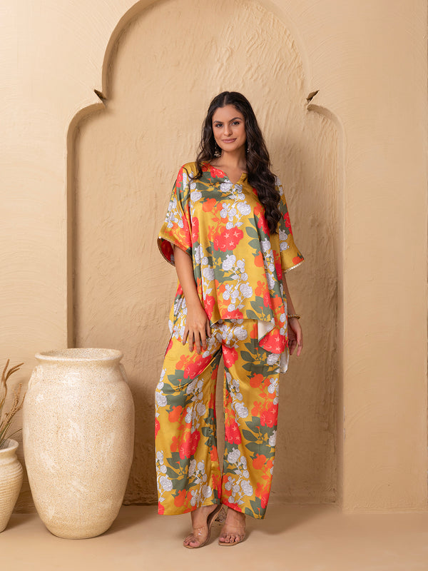 Anti Fit Kaftan Top with Pants in Lime Green and pink Floral Print