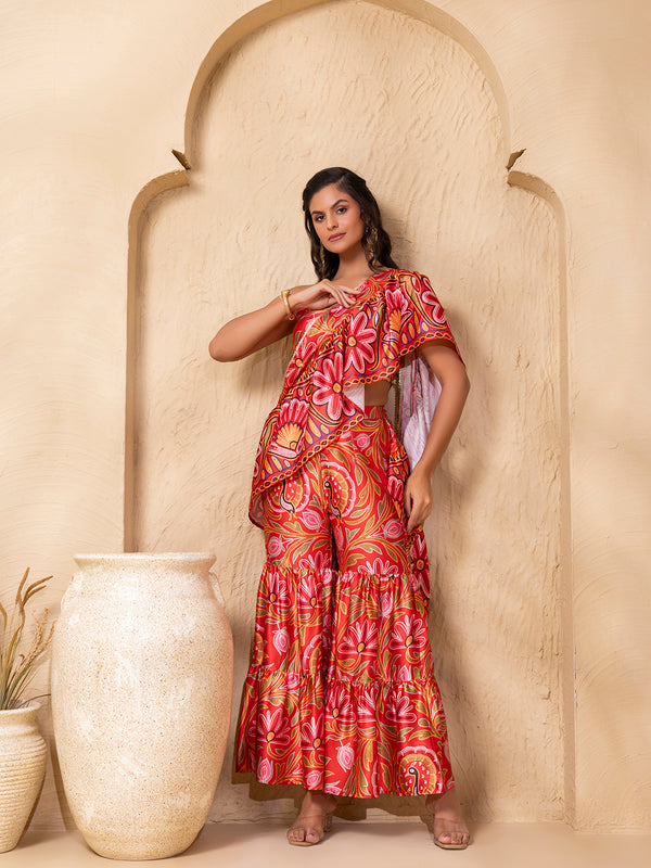 Crop Top with Sharara and frill Dupatta in Border Red Gujrati Print