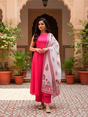 Sleeveless A line suit with Palazzo and Dupatta in Pink