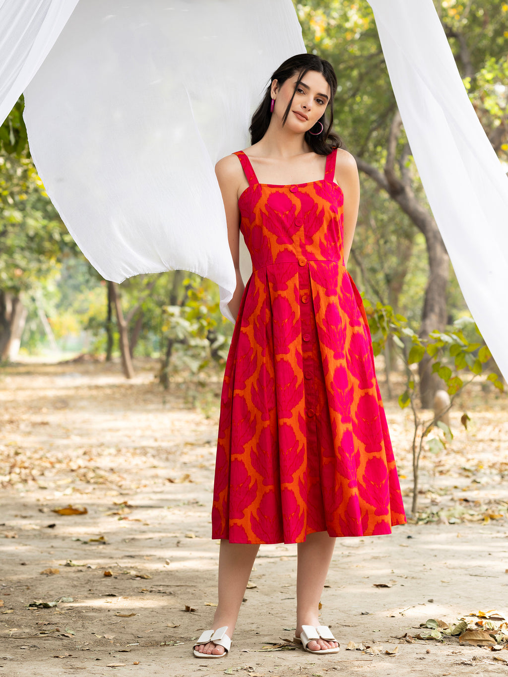 Strappy Box Pleat Midi Dress with IKKAT butti in pink and orange
