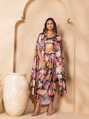 Crop Top with Draped Skirt And Cape in Purple vintage floral Print