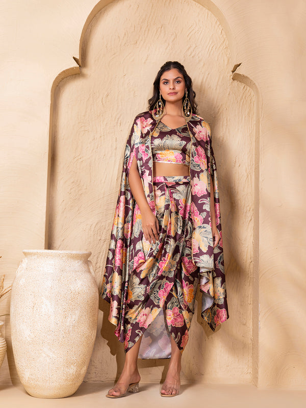 Crop Top with Draped Skirt And Cape in Purple vintage floral Print