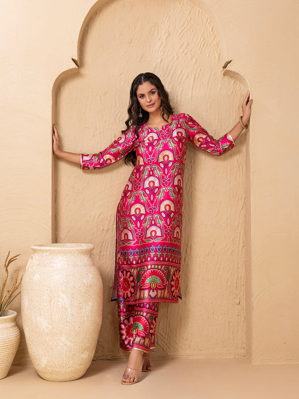Staright Kurta with ankle palazzo in Border Pink Gujrati Print