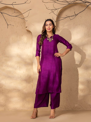 Straight Kurta with ankle palazzo in Purple Silk