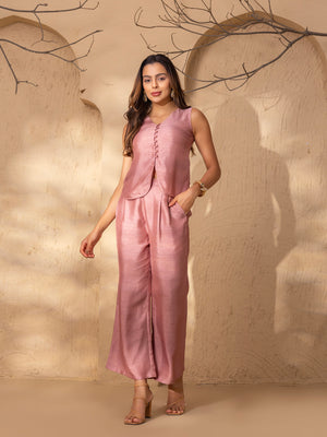 Rounded waist coat and Flare Pants in Pink Silk