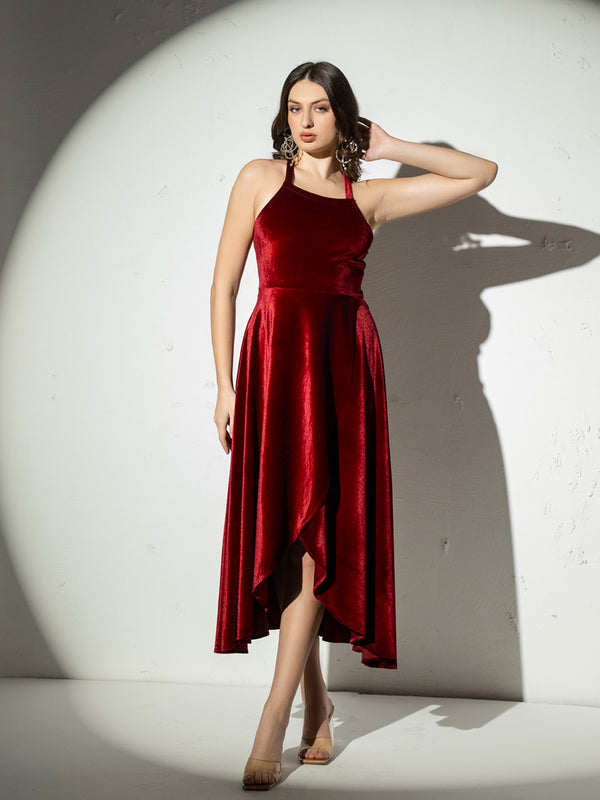 Backless overlap Asymmetric Midi Dress in Maroon