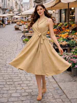 Pure Cotton Midi dress with collar in Beige