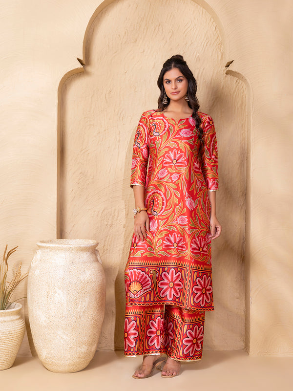 Staright Kurta with ankle palazzo in Border Red Gujrati Print