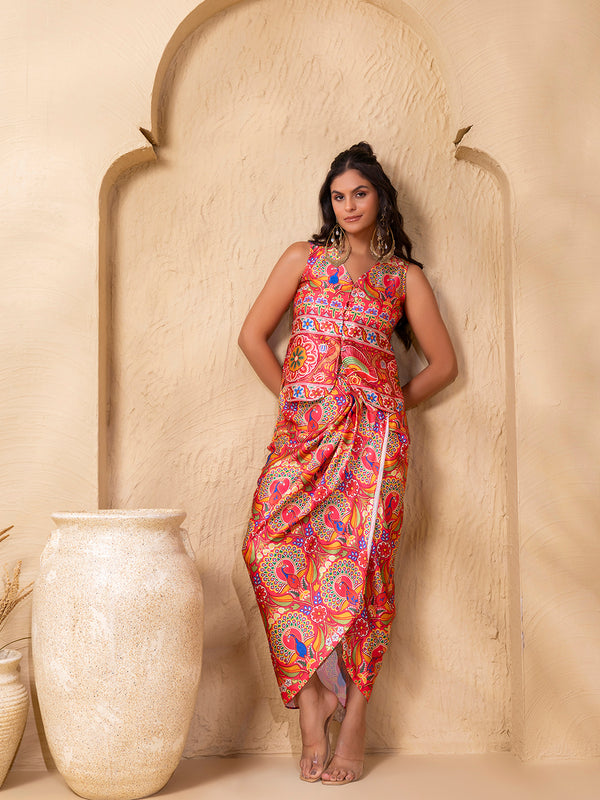 Round Waistcoat with Dhoti Skirt in Border Coral Gujrati Print