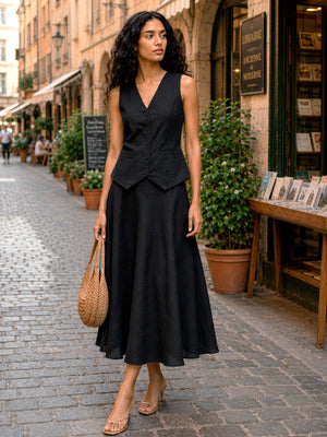 Waist Coat with flare Skirt in Black