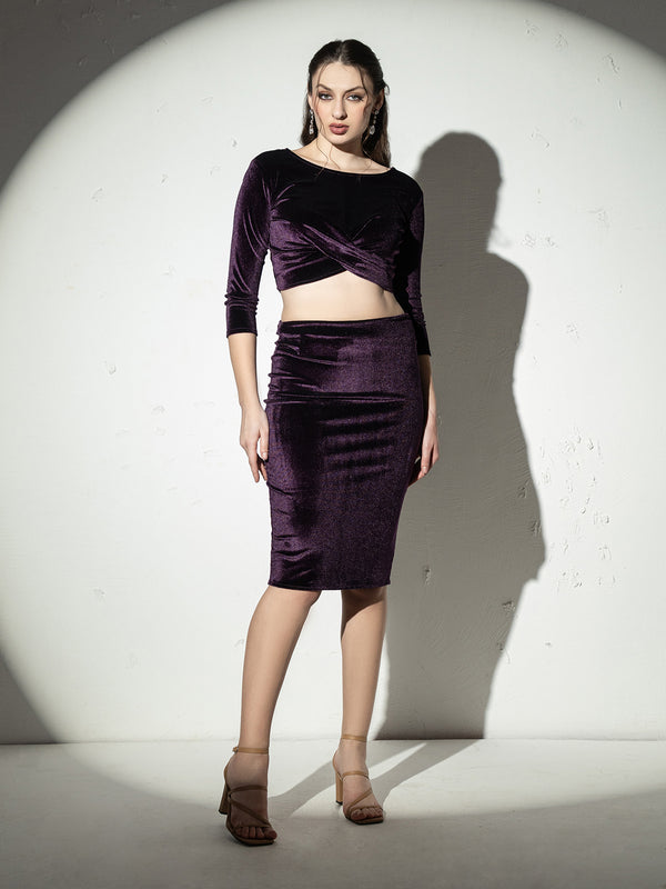 Front twist crop top with pencil skirt in Purple Velvet