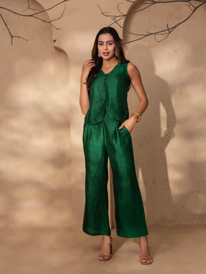 Rounded waist coat and Flare Pants in Green Silk