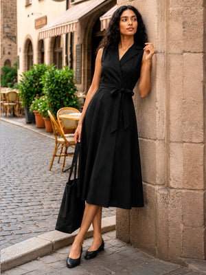 Pure Cotton Fit and Flare midi dress with knotch collar in Black