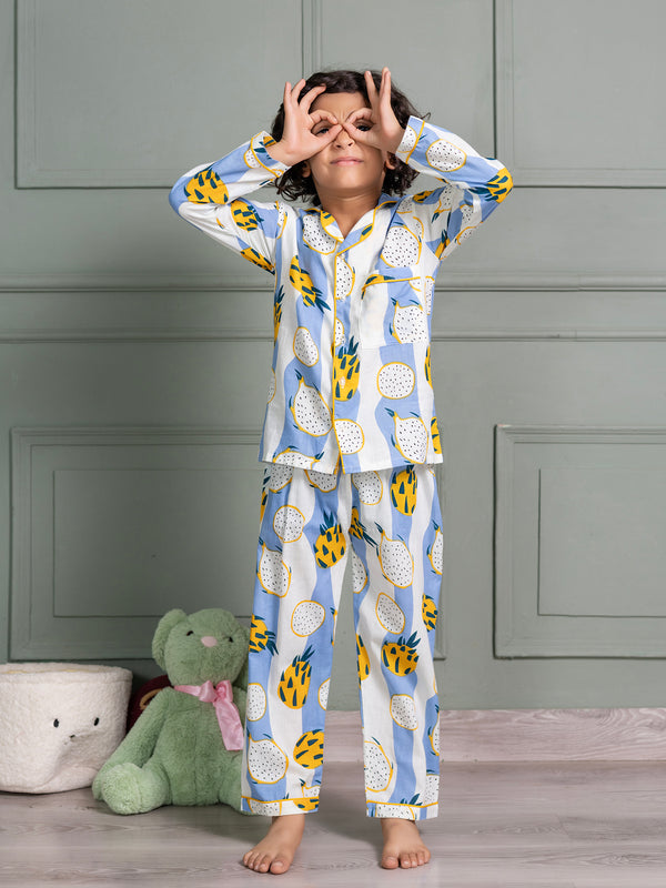 Kids Unisex Nightsuit Pyajamas & Shirt in Yellow Dragon Fruit  Print