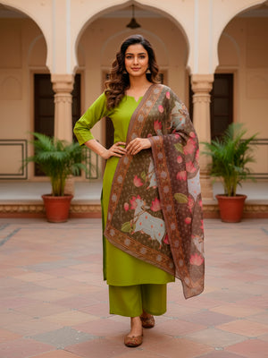 Straight kurta with Palazzo and Dupatta in Green