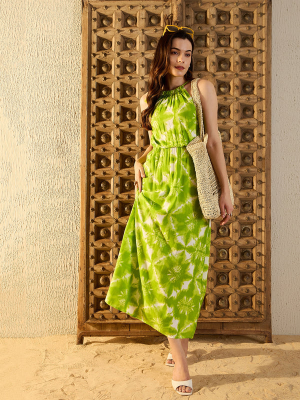 Tie up neck with tassels Maxi Dress in Lime Green Tie & Dye