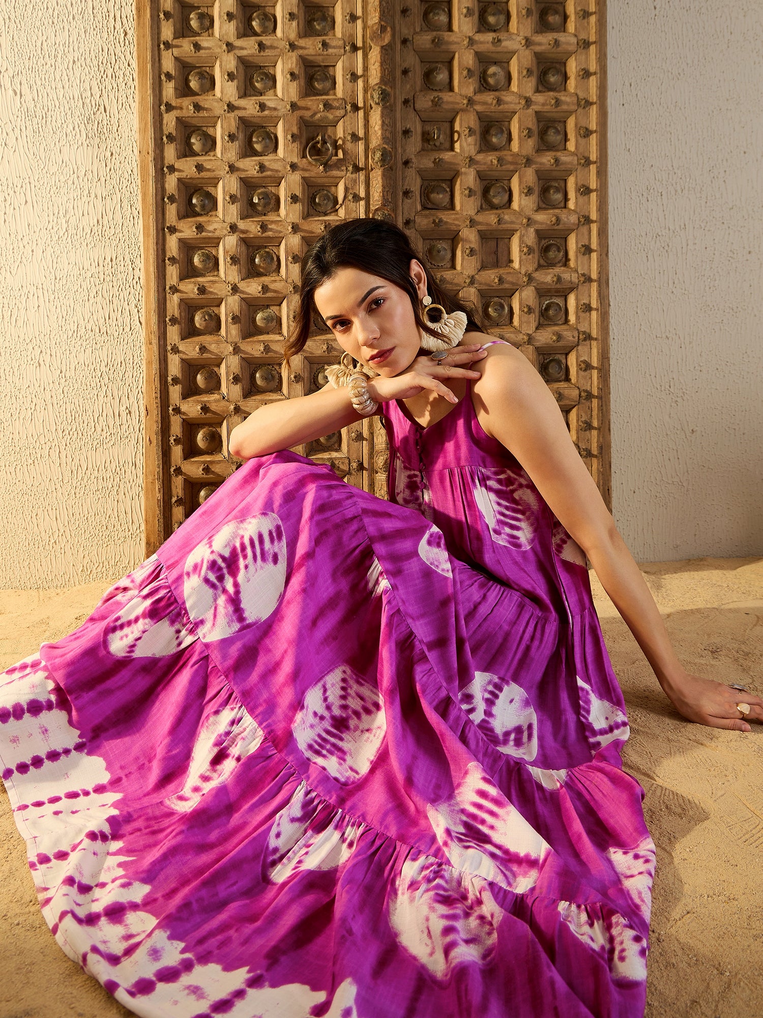 Strappy Layered Maxi Dress in Magenta Tie & Dye