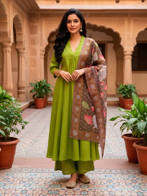 Flare suit with Palazzo and Dupatta in Green