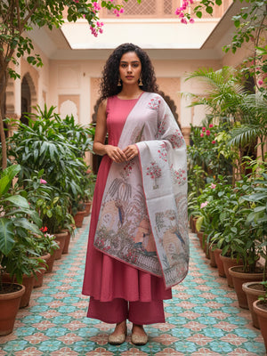 Sleeveless A line suit with Palazzo and Dupatta in Dull Pink