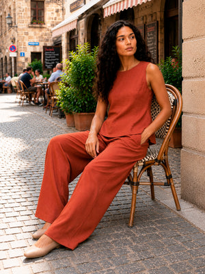 Pure Cotton Peplum top with Pants in rust