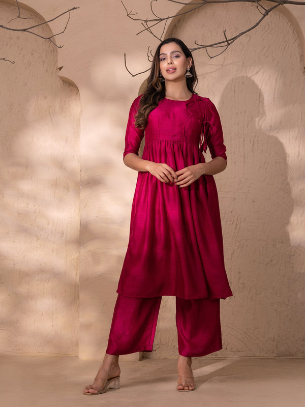 Anghrakha style Kurta with palazzo in Fuchsia Silk