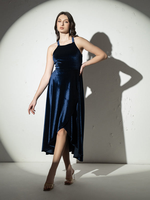 Backless overlap Asymmetric Midi Dress in Navy Blue