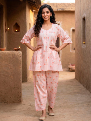 Flared short Kurta with Salwar in block buti with lines print