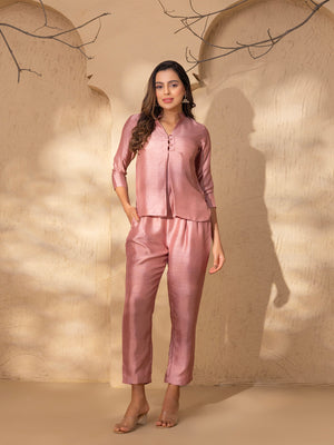 Box Pleat Shirt with pants in Powder Pink Silk