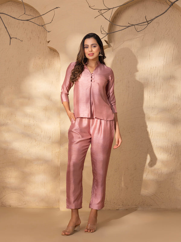 Box Pleat Shirt with pants in Powder Pink Silk