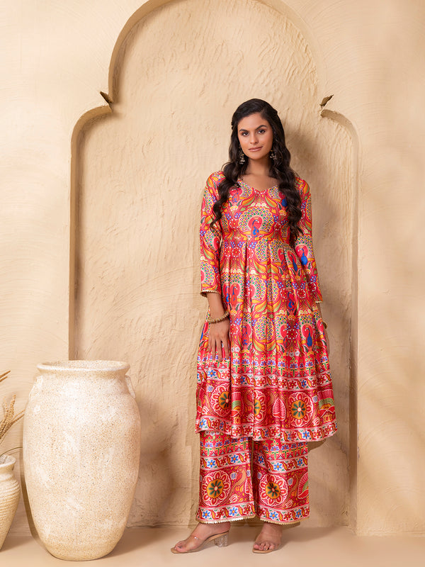 Box Pleat flare kurta with palazzo in Border Coral Gujrati Print