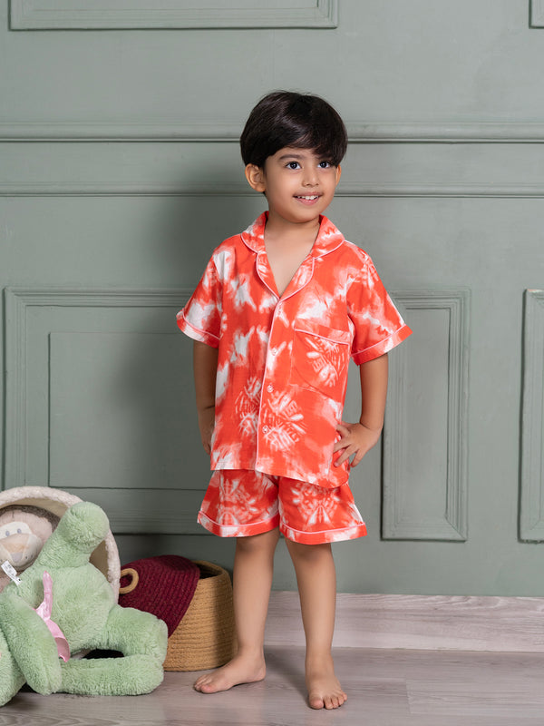 Kids Unisex Nightsuit Shorts & Shirt in Peach Tie & Dye  Print