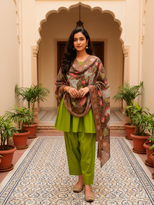 Short Flare kurta with farshi salwar and Dupatta in Green