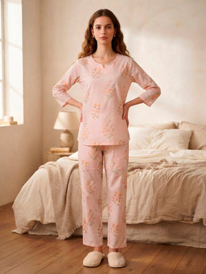 Kurta pyjama Nightsuit set in floral simple buti on pink