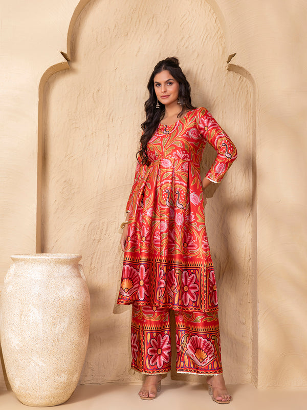 Box Pleat flare kurta with palazzo in Border Red Gujrati Print