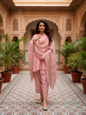 Short Flare kurta with farshi salwar and Dupatta in Peach
