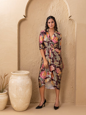Shirt Dress with front Drape in Purple vintage floral Print