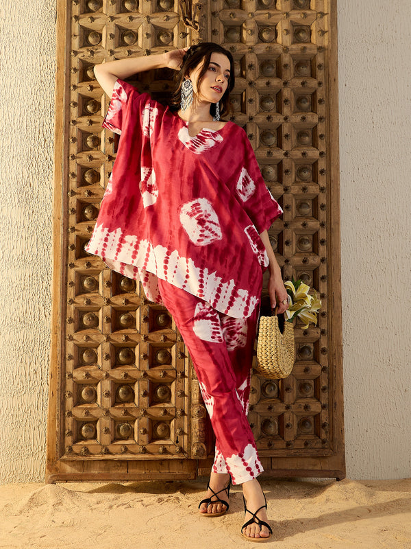 Anti Fit Kaftan with Pants in Maroon Tie & Dye