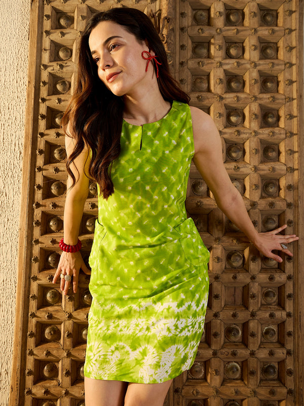 Kurta Neck Mini Dress with Side Pockets in Lime Green Tie & Dye
