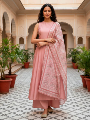 Sleeveless A line suit with Palazzo and Dupatta in Peach