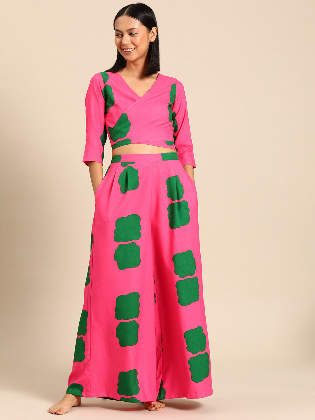 Overlap crop top with flare pyjama set Pink Color Print