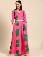 Overlap crop top with flare pyjama set Pink Color Print