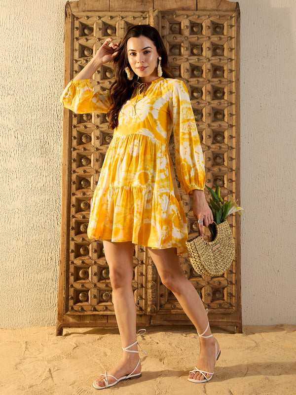 Balloon Sleeve Layered Mini Dress in Yellow Tie & Dye