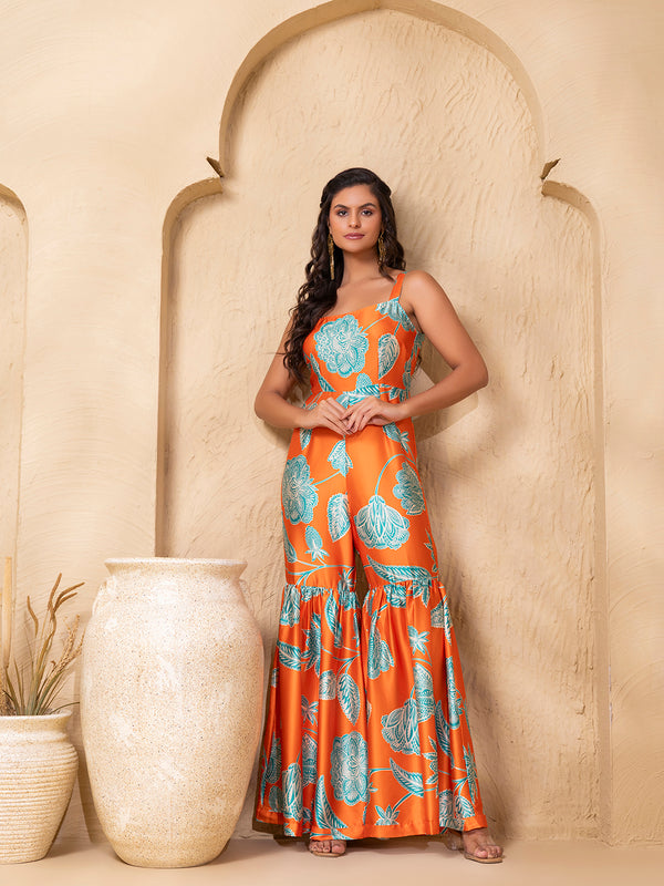 Bell bottom Flare Jumpsuit in Orange Floral Print