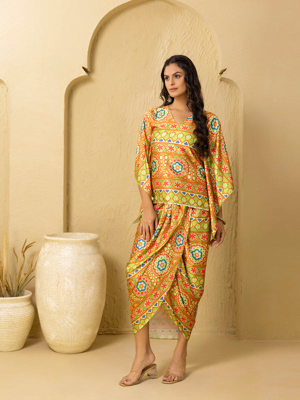 Kaftan Top with Dhoti Skirt in Border Green Gujrati Print