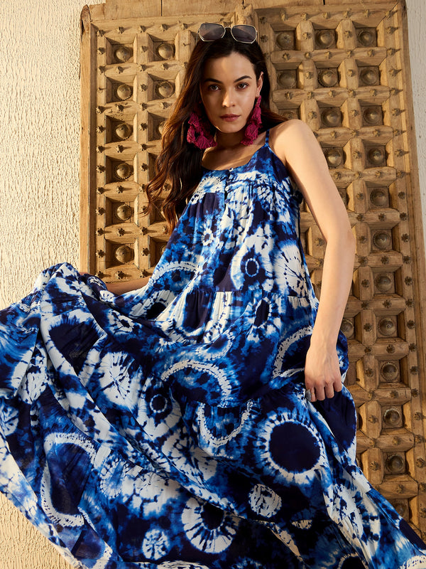Strappy Layered Maxi Dress in Blue Tie & Dye