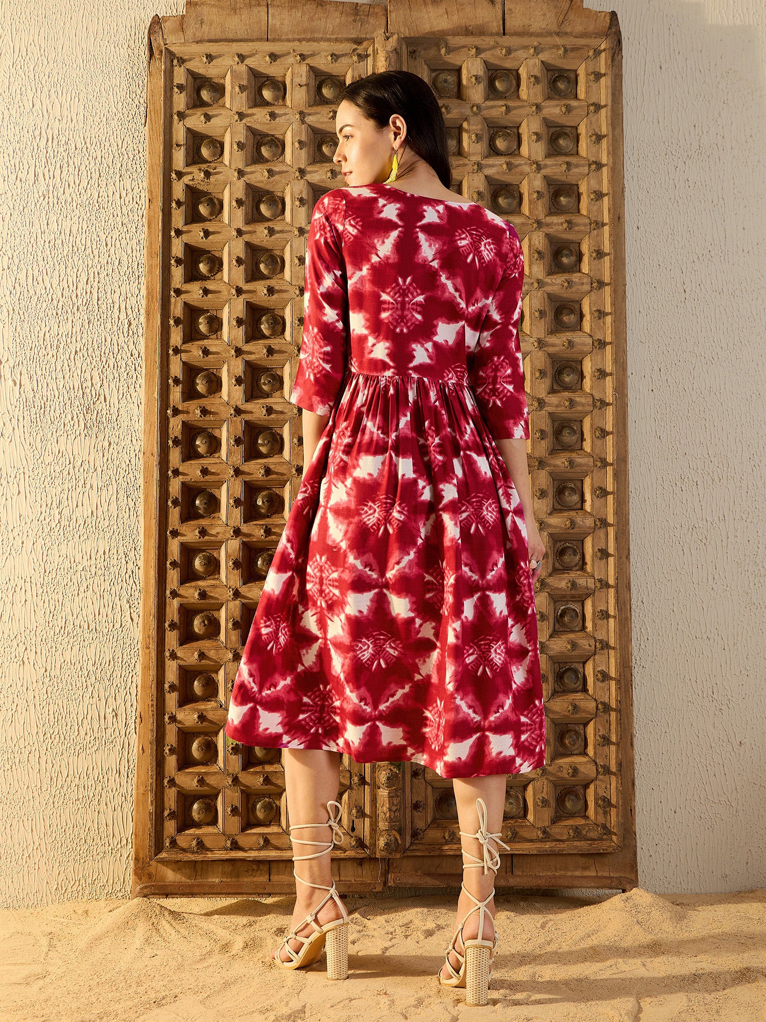 Front button down Midi Dress in Maroon Tie & Dye