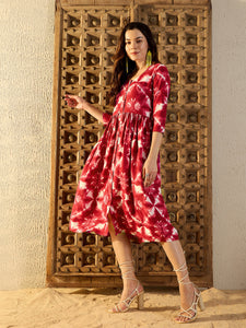 Front button down Midi Dress in Maroon Tie & Dye