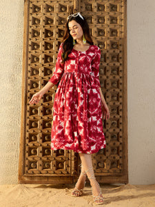 Front button down Midi Dress in Maroon Tie & Dye