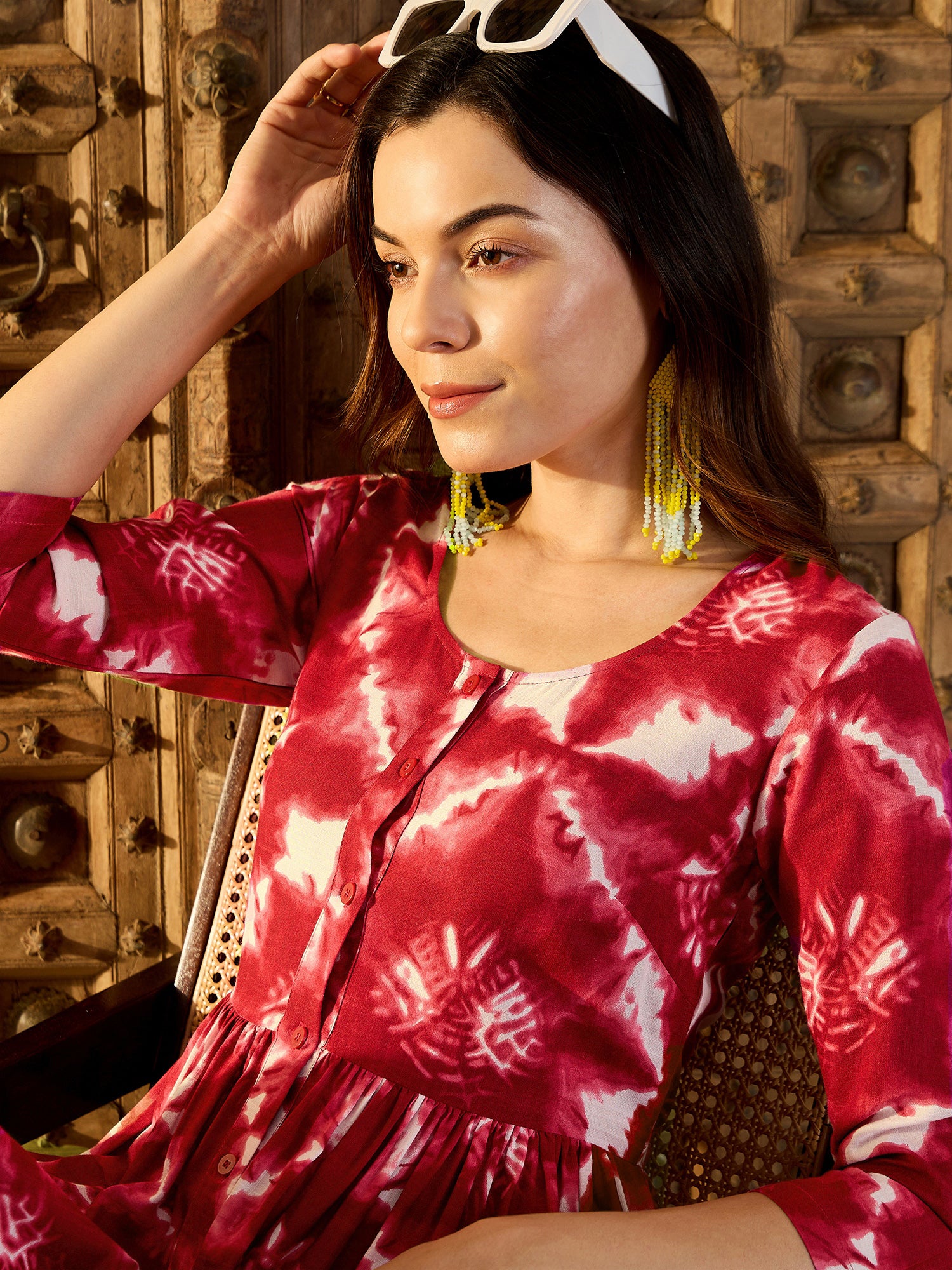 Front button down Midi Dress in Maroon Tie & Dye
